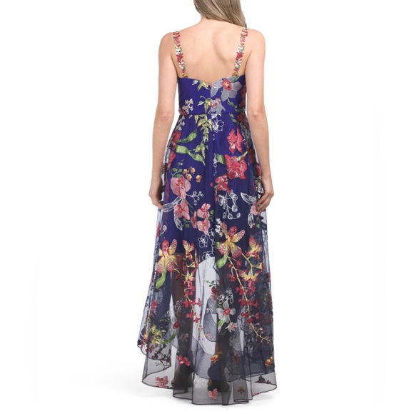 MARCHESA NOTTE COBALT BLUE SLEEVELESS FLORAL EMBROIDERED HIGH LOW DRESS - Picture 3 of 4